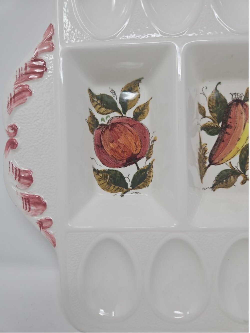 Vintage MCM 10 Deviled Egg 3 Well Snack Crudite Ceramic Serving Platter 14 x 12" - Picture 2 of 5
